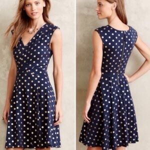 Anthro Maeve navy blue/gold polka dot swing dress XS